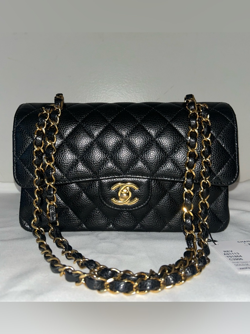 CHANEL 25B Small Classic Double Flap Caviar Quilted Handbag Black/Gold Hardware